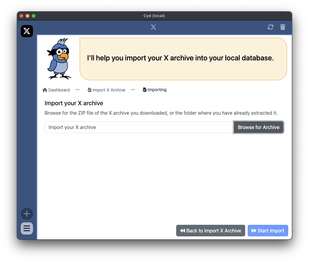 Browse for an X archive to import