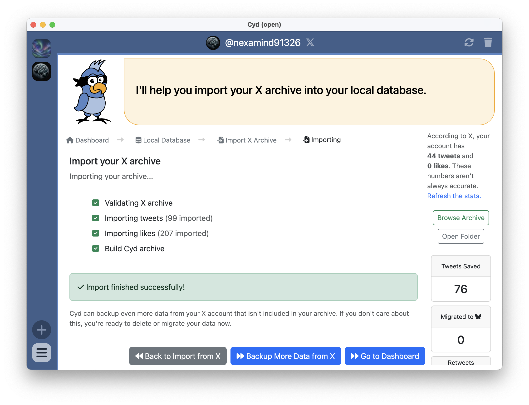 Finished importing an X archive