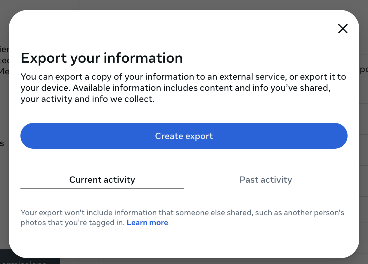 Export Your Information screen