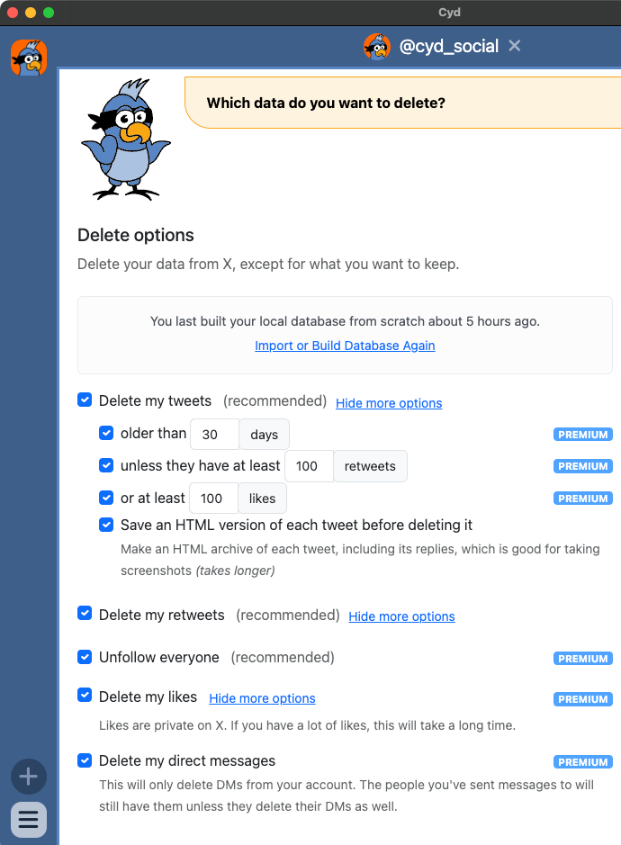 This is a screenshot of the Cyd app. Cyd, a bird with a mask, says, "Which data do you wan tto delete?" This shows options allowing you to delete tweets, delete retweets, unfollow everyone, delete likes, and delete direct messages.